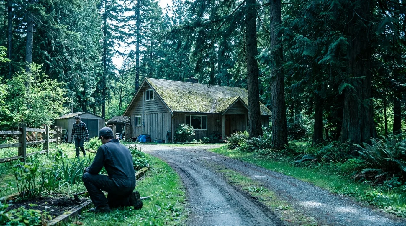 A cedar house with a moss-covered roof set among tall firs on an Errington BC acreage