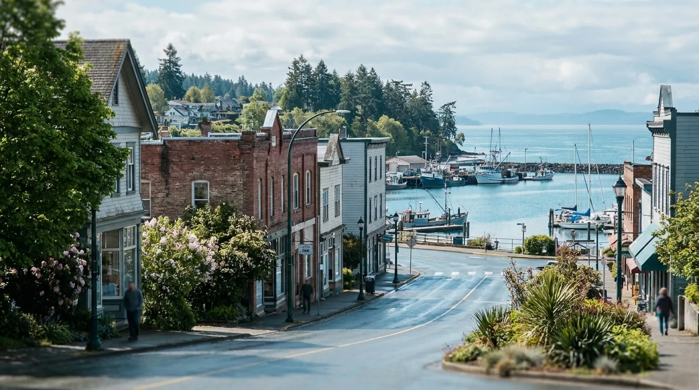 Heritage brick and wood storefronts on a hillside main street above the harbour in Ladysmith BC