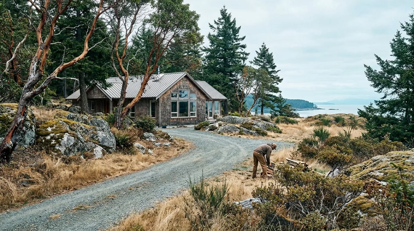 A cedar-shingled home on a rocky, arbutus-covered acreage above the water in Nanoose Bay BC