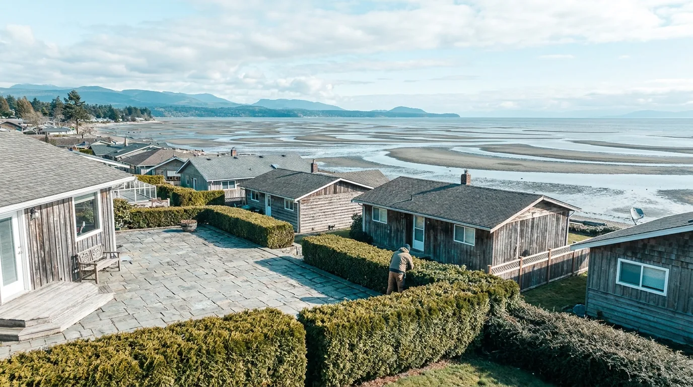 Beachfront homes above the wide low-tide sand flats at Parksville BC on Vancouver Island