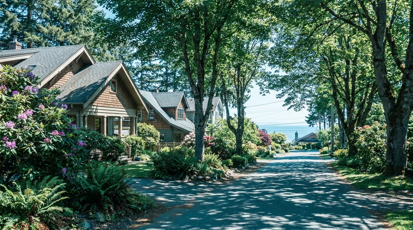 Character homes on a shaded, tree-lined street running down to the water in Qualicum Beach BC