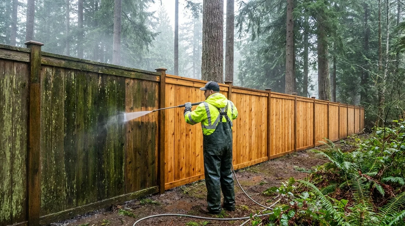 Washing green algae from the shaded side of a cedar fence in Nanaimo BC