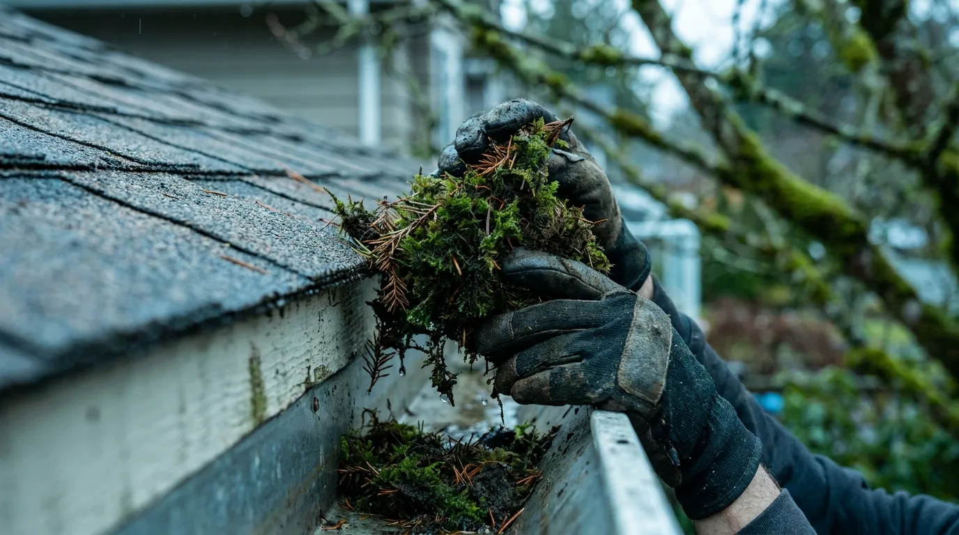 Gloved hands lifting packed fir needles and moss out of a residential gutter trough near Nanaimo BC