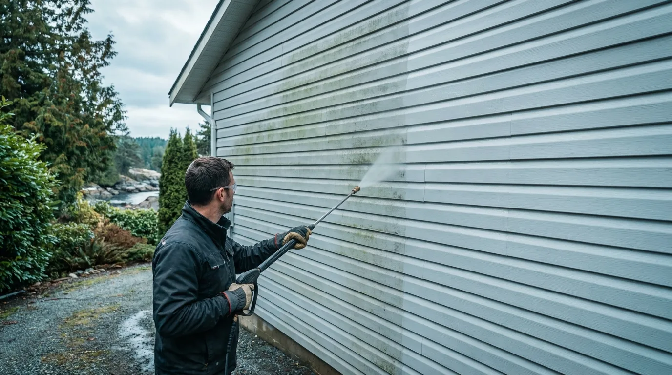 House washing near Nanaimo BC, a low-pressure wand rinsing green algae off lap siding to leave clean panels