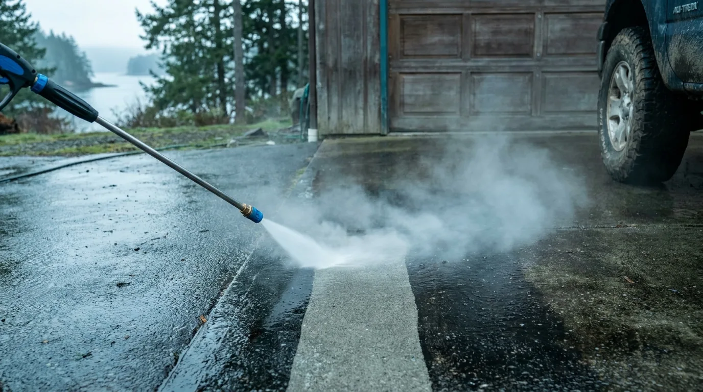 Hot water power washing a concrete garage apron near Nanaimo, steam rising from the surface as the spray cuts a clean stripe through dark grime