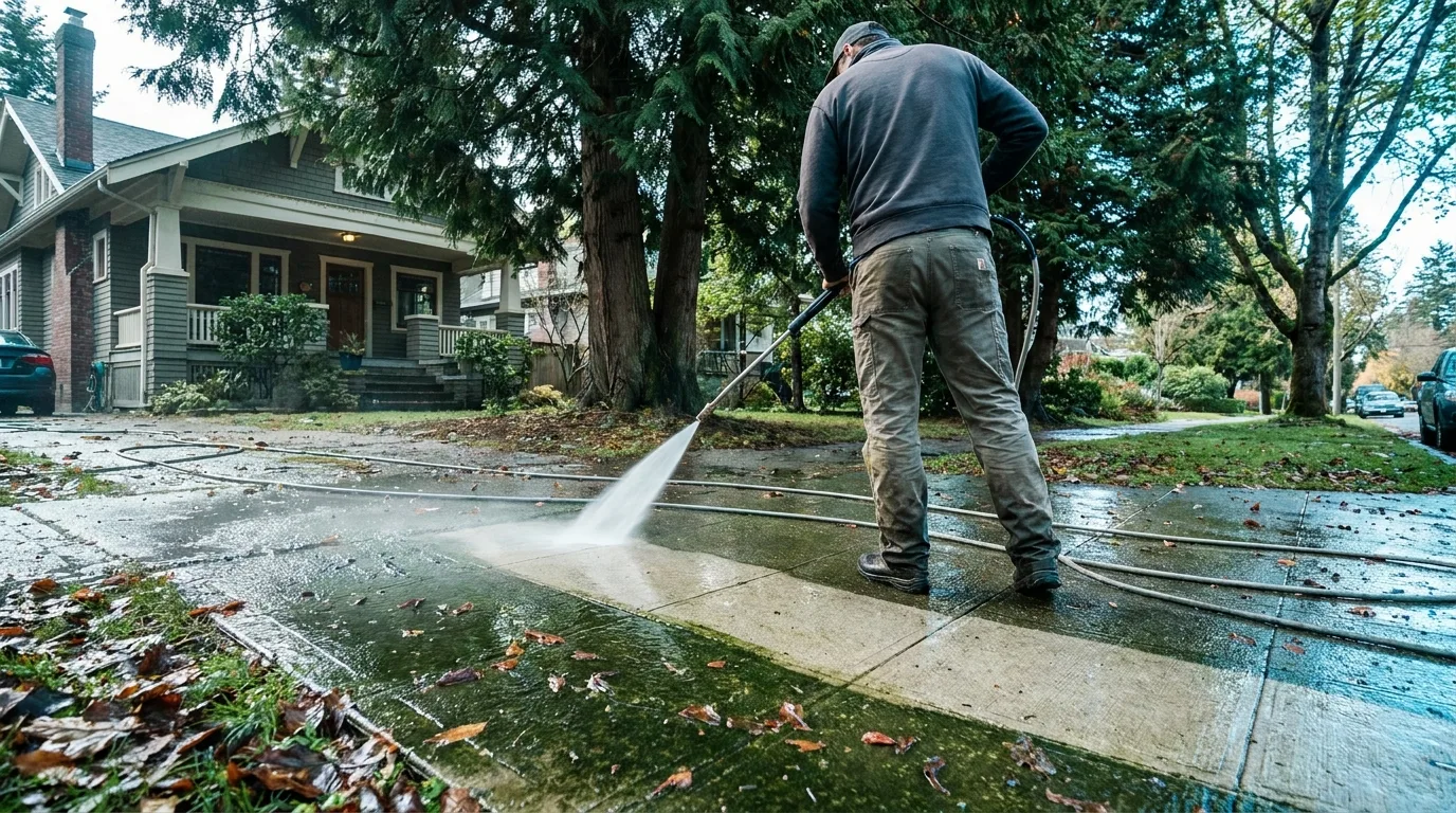 Cleaning slippery green algae from a shaded concrete walkway in Nanaimo BC