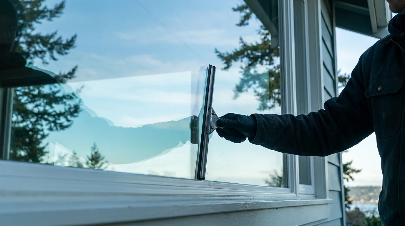 Squeegee cleaning exterior house windows to a streak-free finish in Nanaimo BC