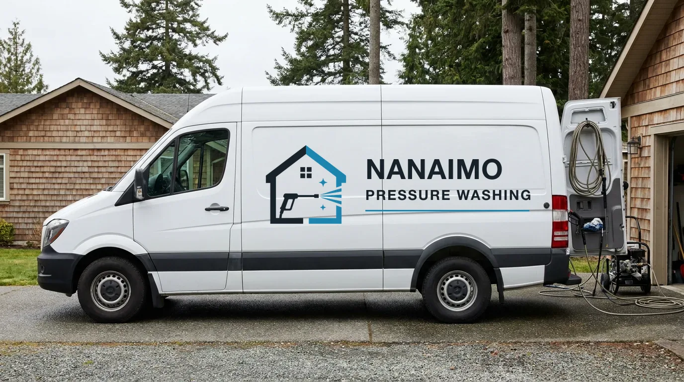 A white van signwritten with the Nanaimo Pressure Washing logo and name, parked on a residential driveway with its rear doors open, a coiled hose inside and a pressure washer standing beside it